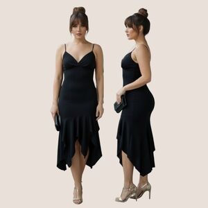 LE CHATEAU Black Ruffled Grunge Gothic Style Pleated Dress